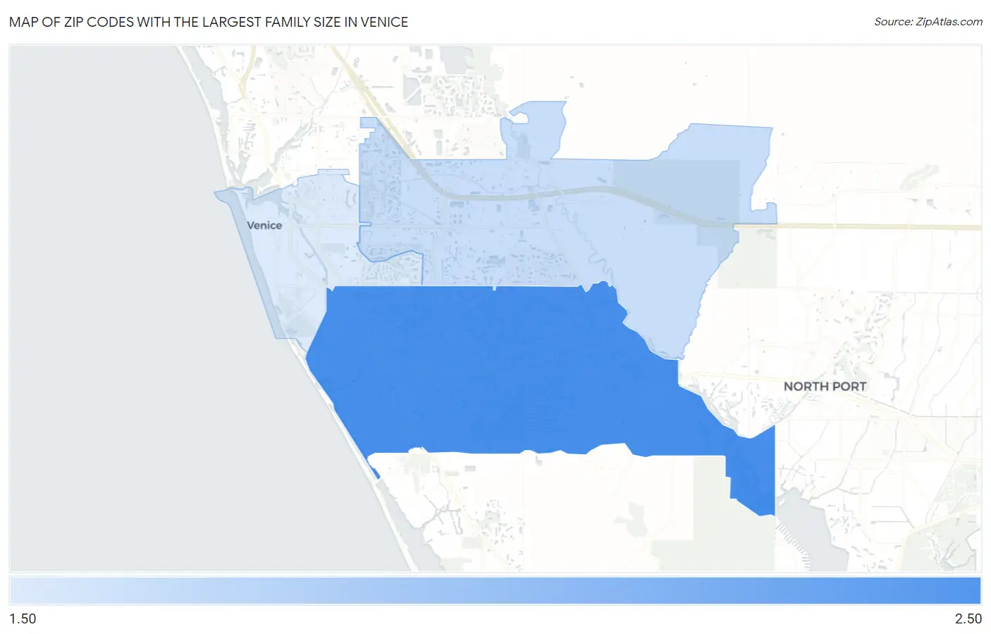 Zip Codes with the Largest Family Size in Venice Map