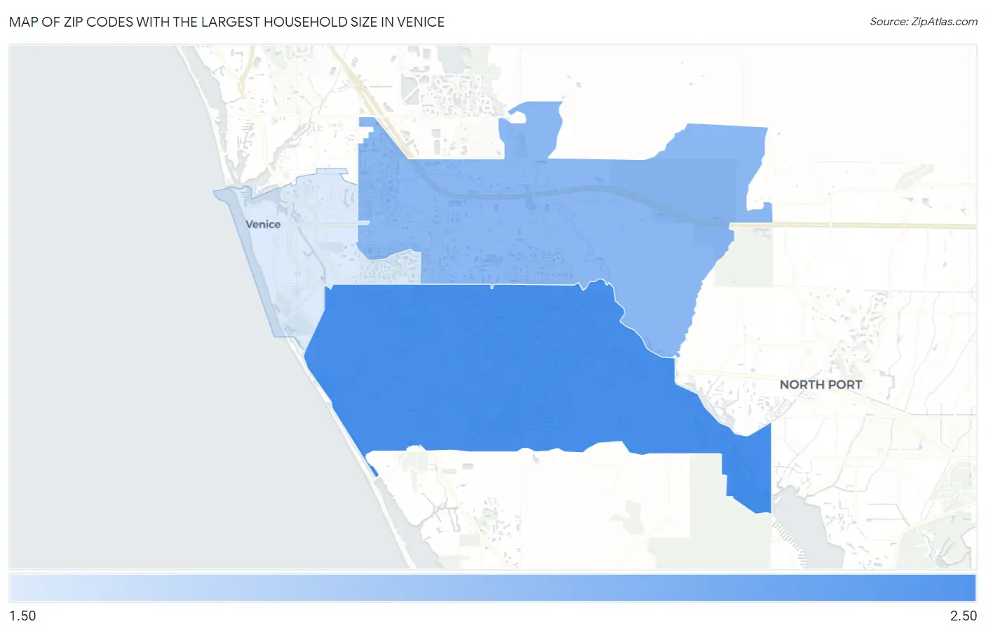 Zip Codes with the Largest Household Size in Venice Map