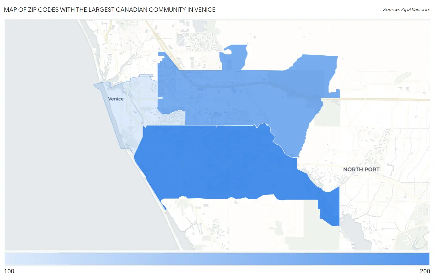 Zip Codes with the Largest Canadian Community in Venice Map