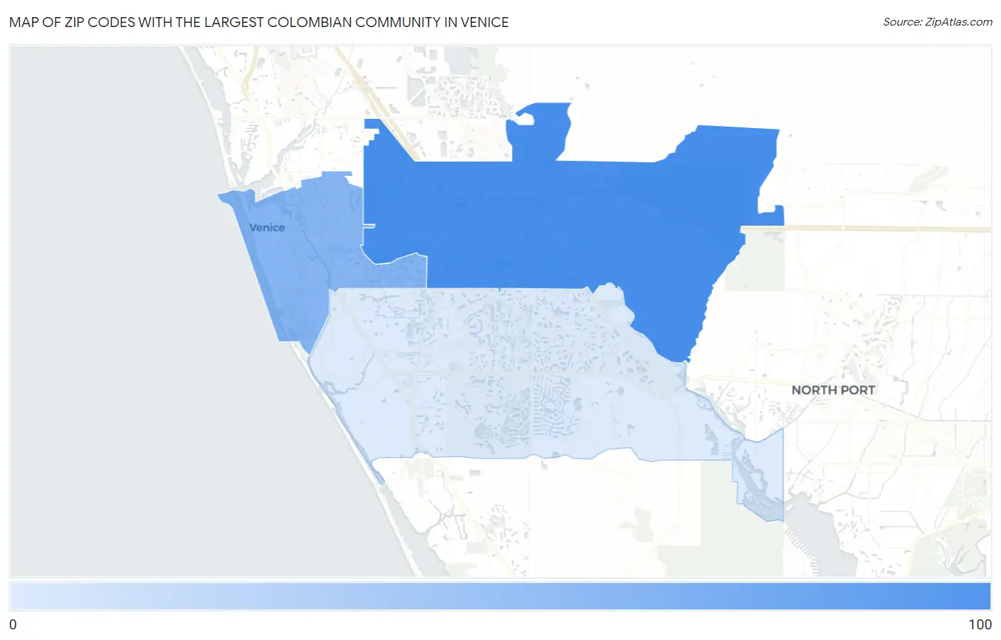 Zip Codes with the Largest Colombian Community in Venice Map