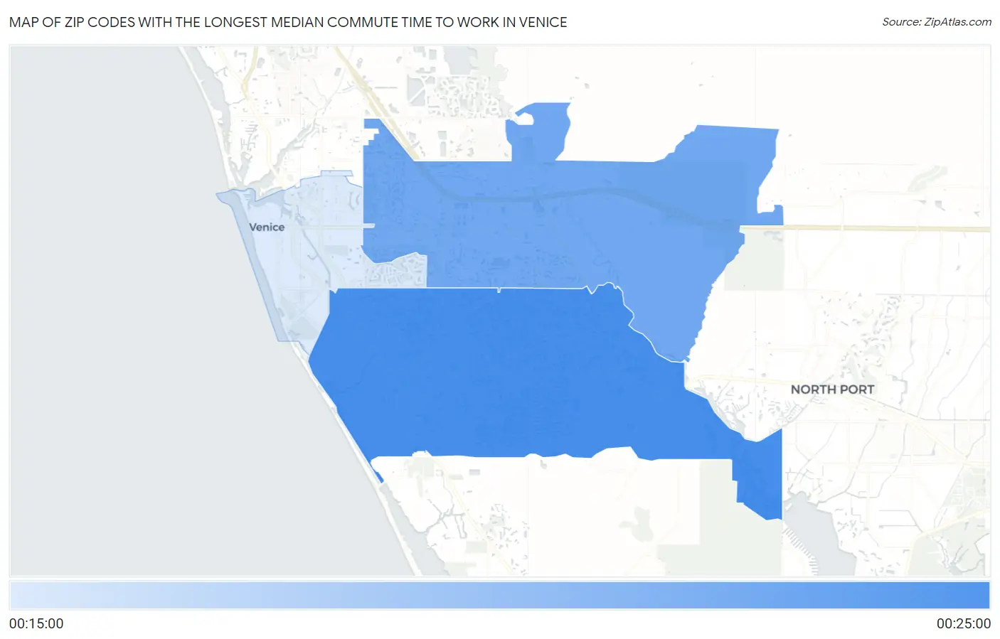 Zip Codes with the Longest Median Commute Time to Work in Venice Map