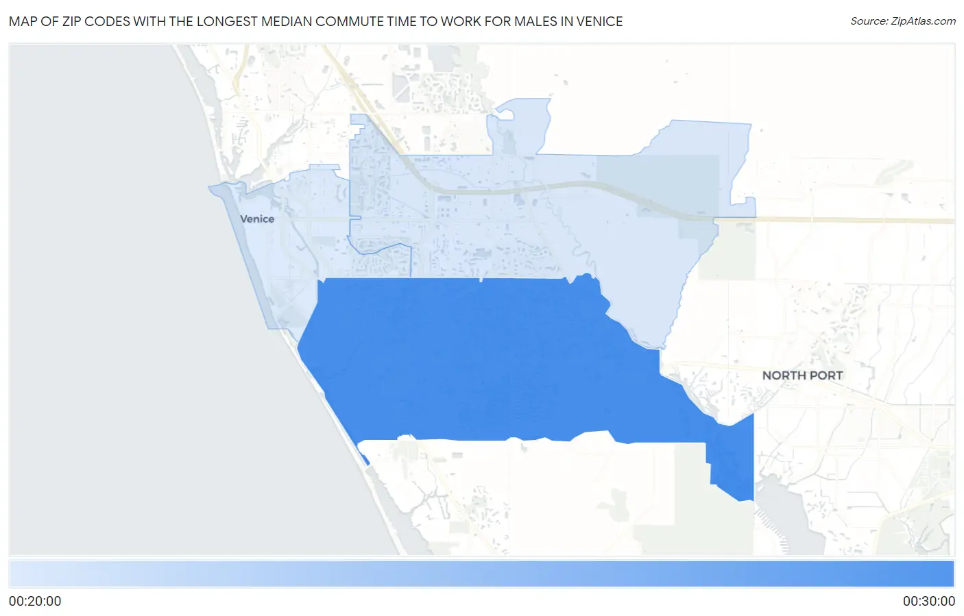 Zip Codes with the Longest Median Commute Time to Work for Males in Venice Map