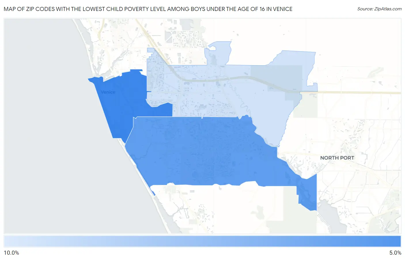 Zip Codes with the Lowest Child Poverty Level Among Boys Under the Age of 16 in Venice Map