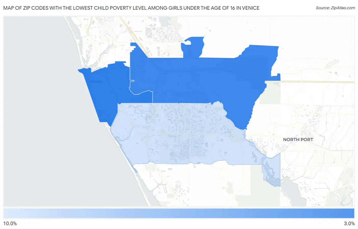 Zip Codes with the Lowest Child Poverty Level Among Girls Under the Age of 16 in Venice Map