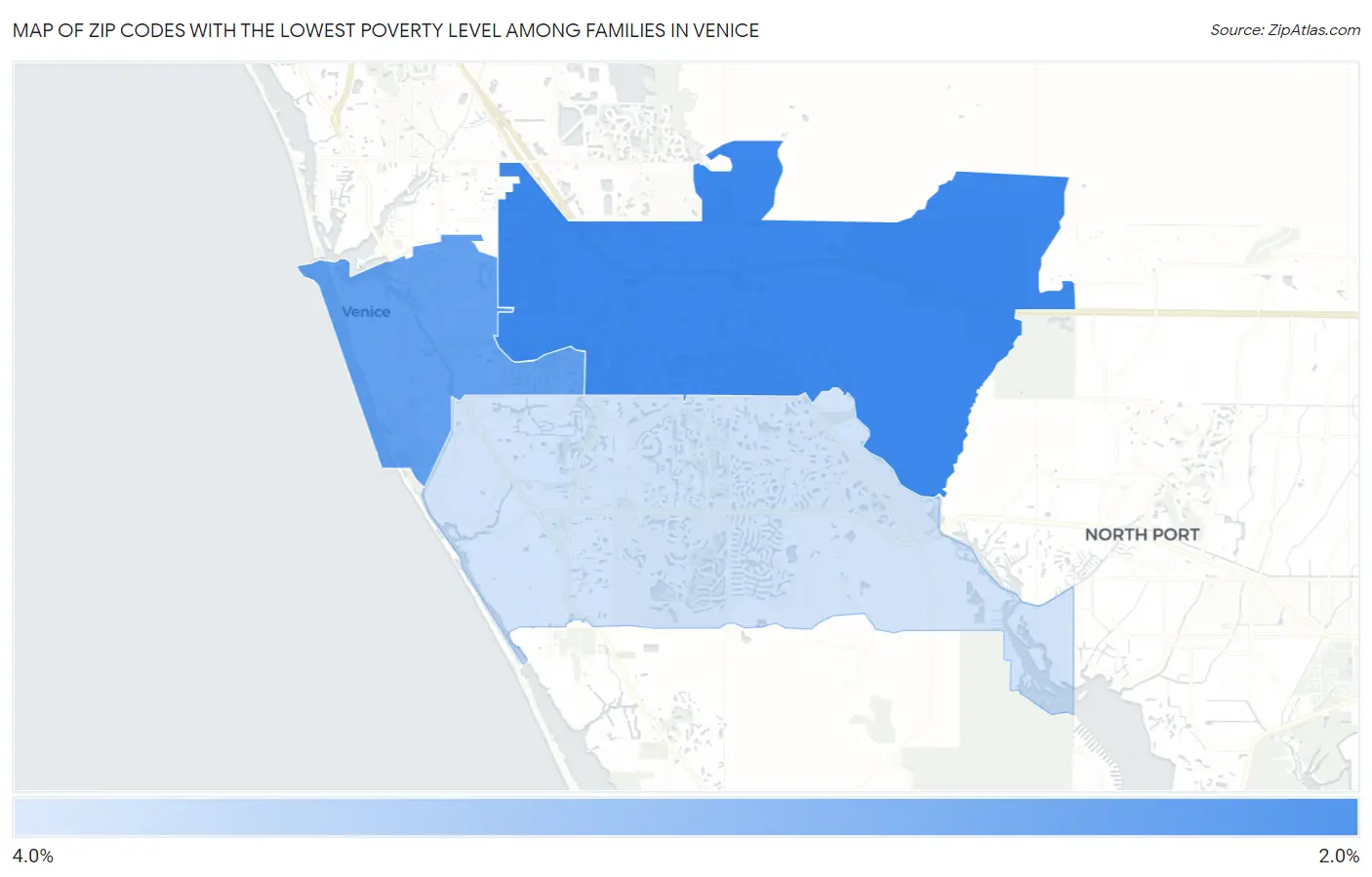 Zip Codes with the Lowest Poverty Level Among Families in Venice Map