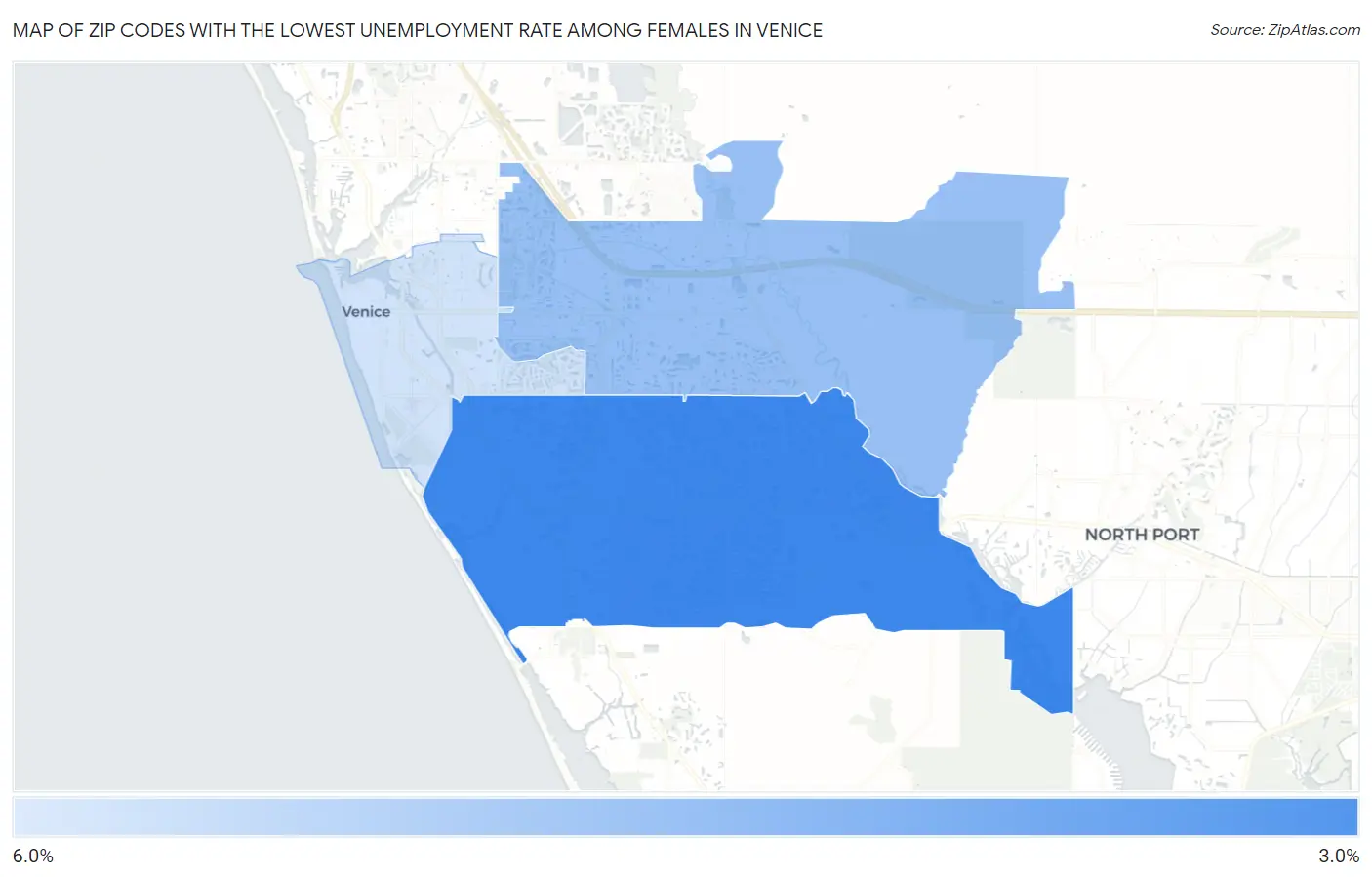 Zip Codes with the Lowest Unemployment Rate Among Females in Venice Map