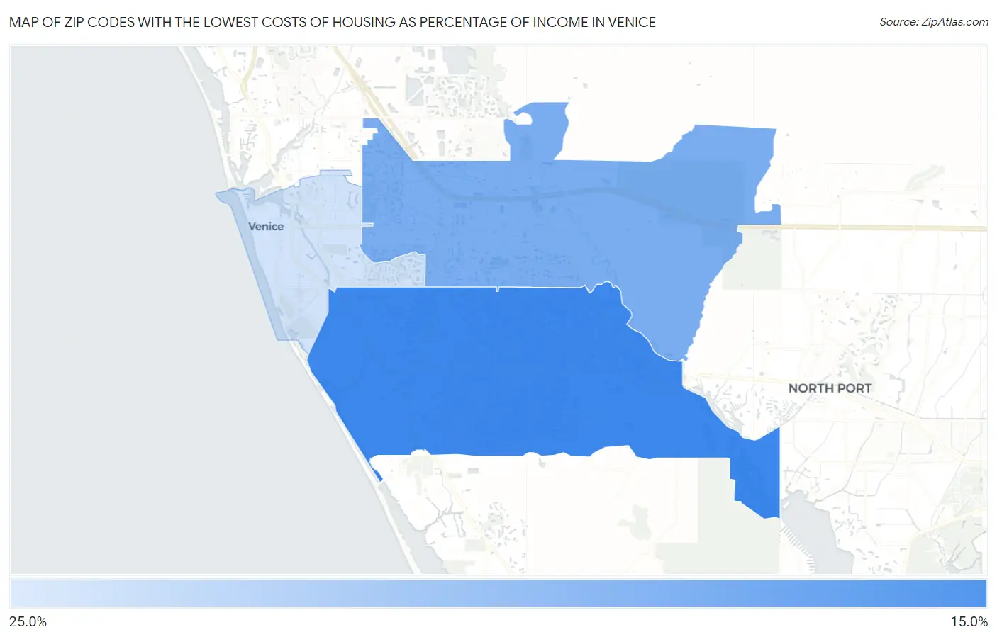 Zip Codes with the Lowest Costs of Housing as Percentage of Income in Venice Map