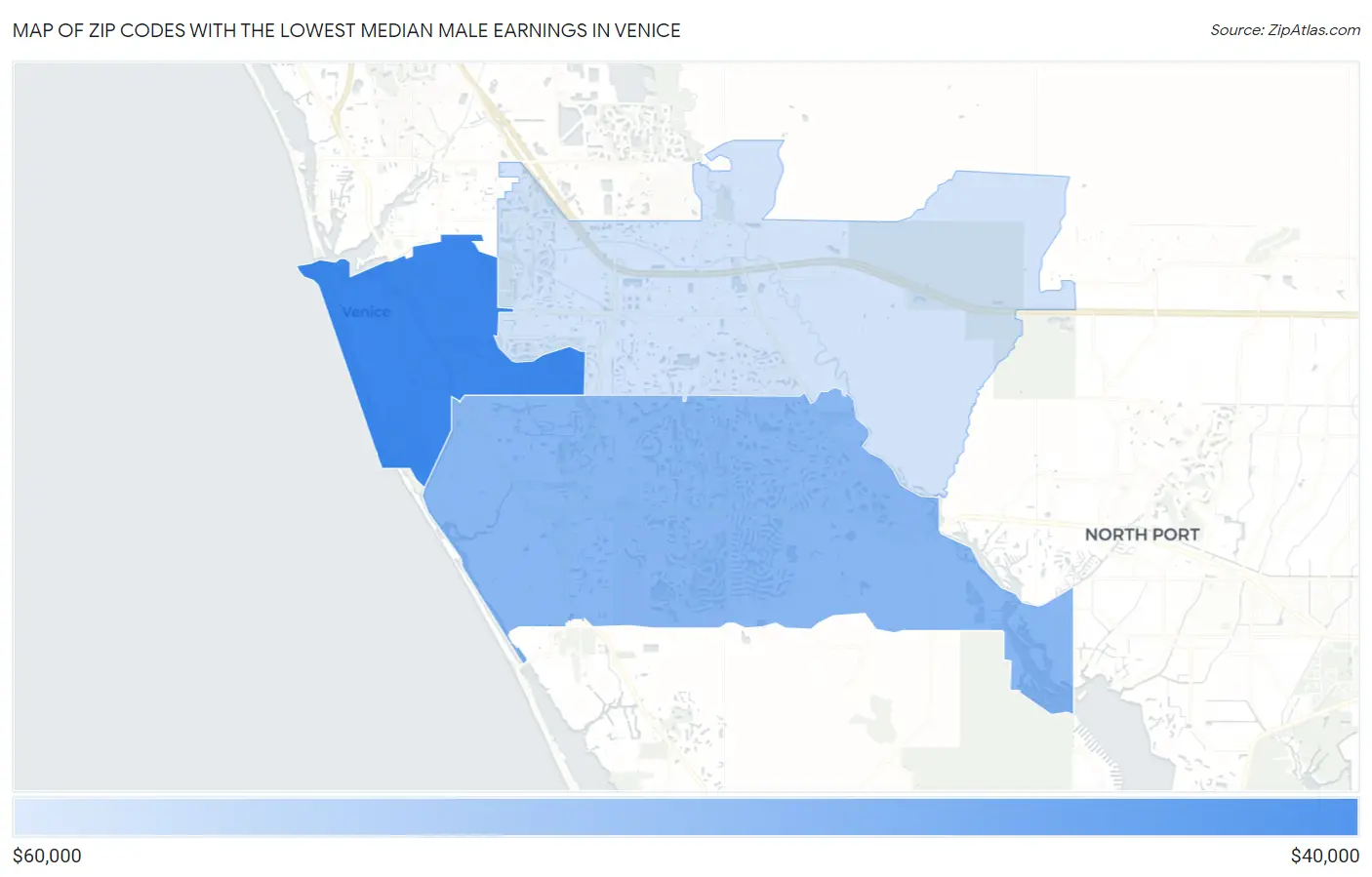 Zip Codes with the Lowest Median Male Earnings in Venice Map
