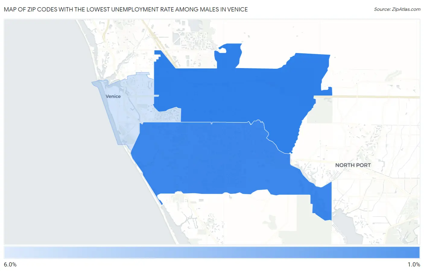 Zip Codes with the Lowest Unemployment Rate Among Males in Venice Map