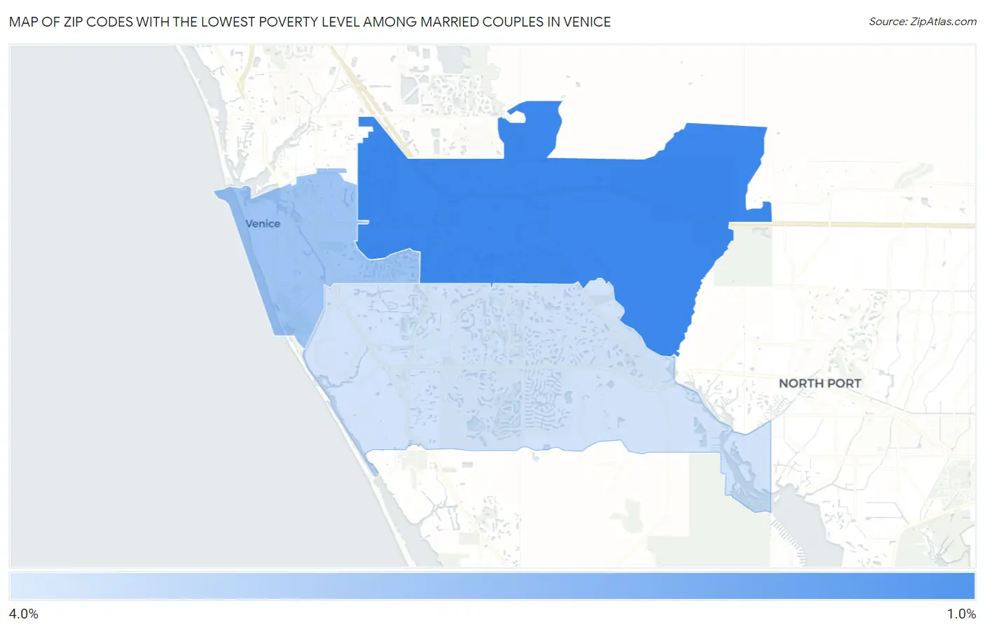 Zip Codes with the Lowest Poverty Level Among Married Couples in Venice Map
