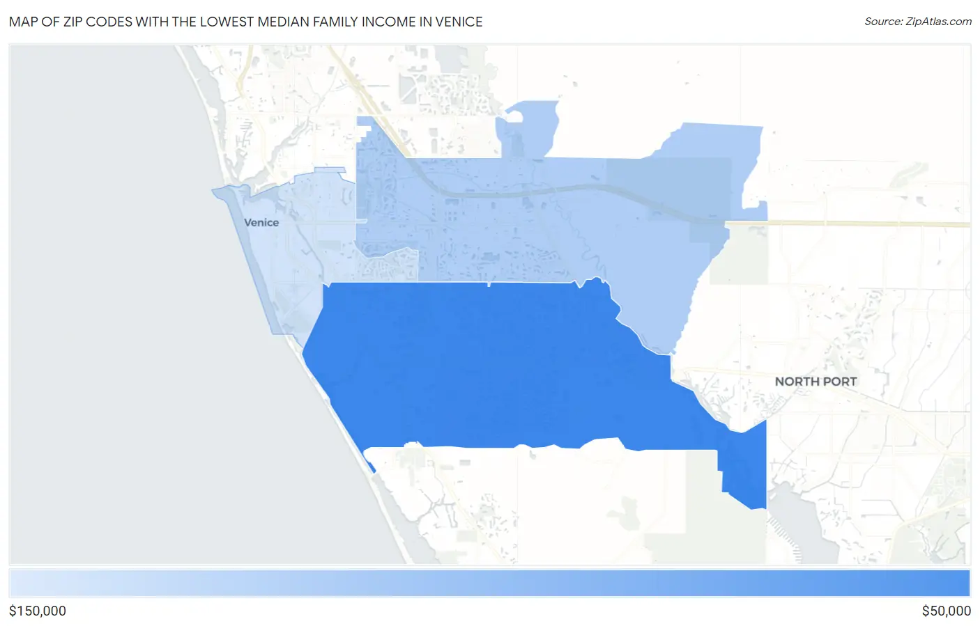 Zip Codes with the Lowest Median Family Income in Venice Map