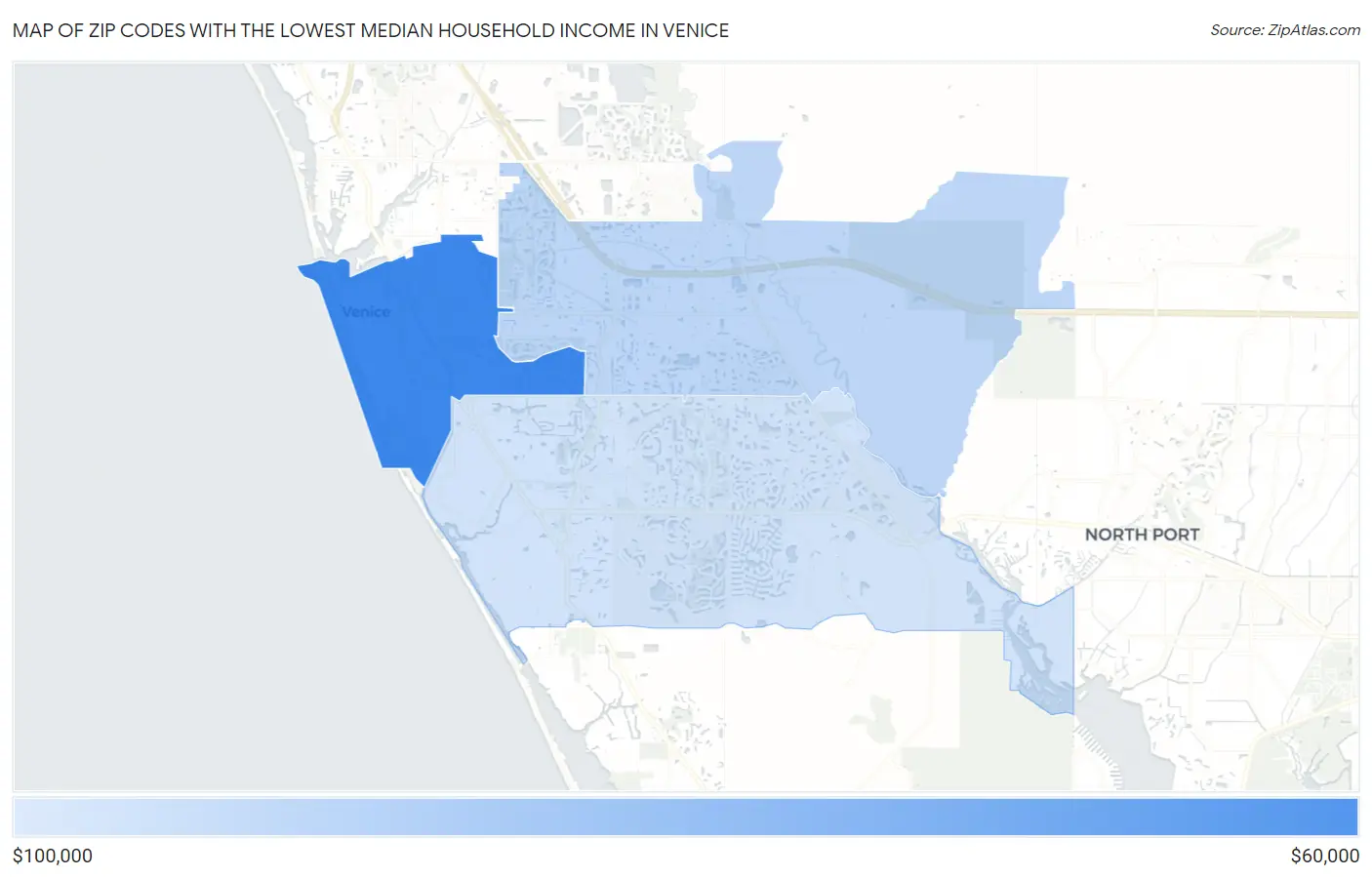Zip Codes with the Lowest Median Household Income in Venice Map