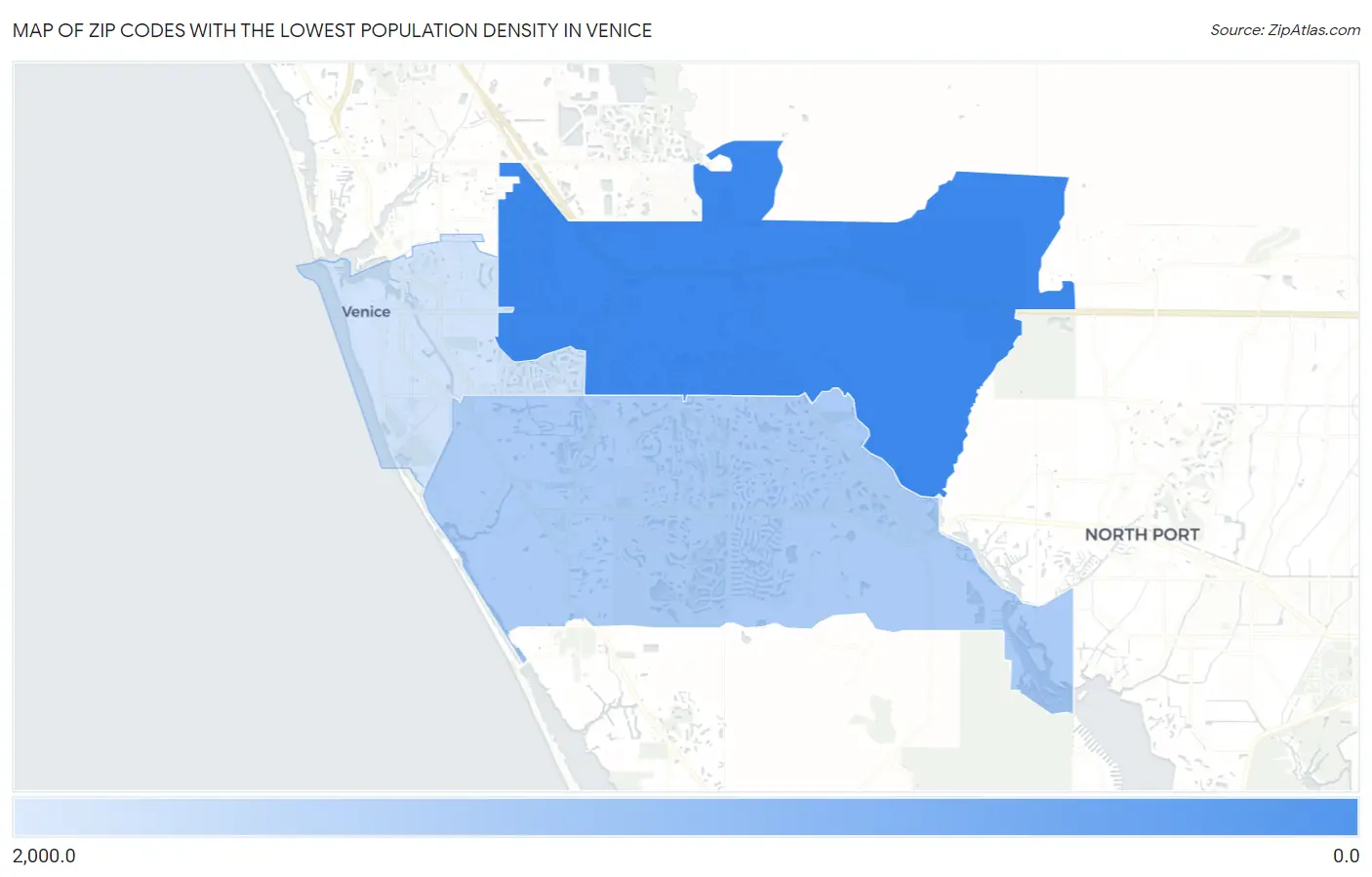 Zip Codes with the Lowest Population Density in Venice Map