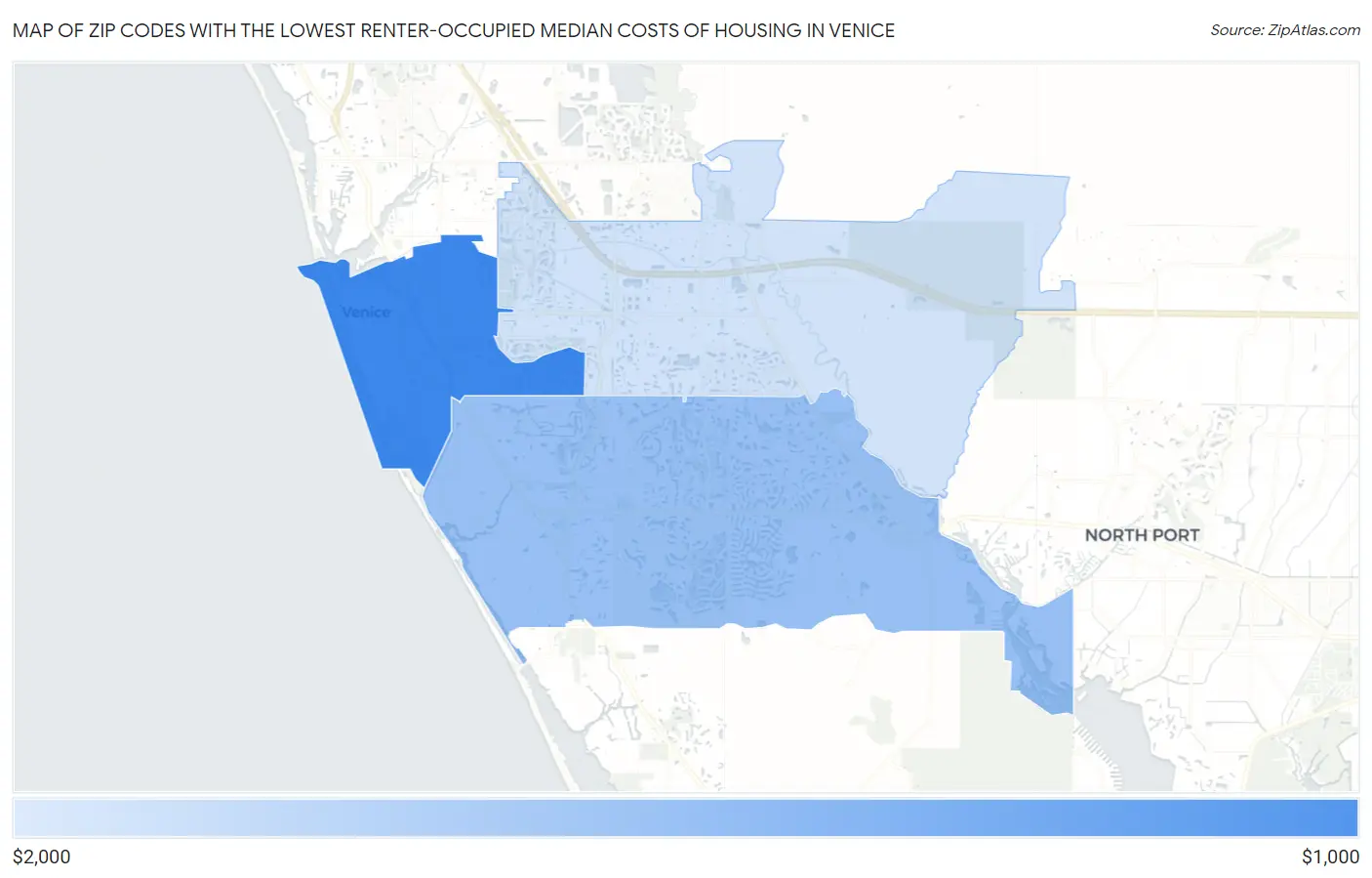 Zip Codes with the Lowest Renter-Occupied Median Costs of Housing in Venice Map