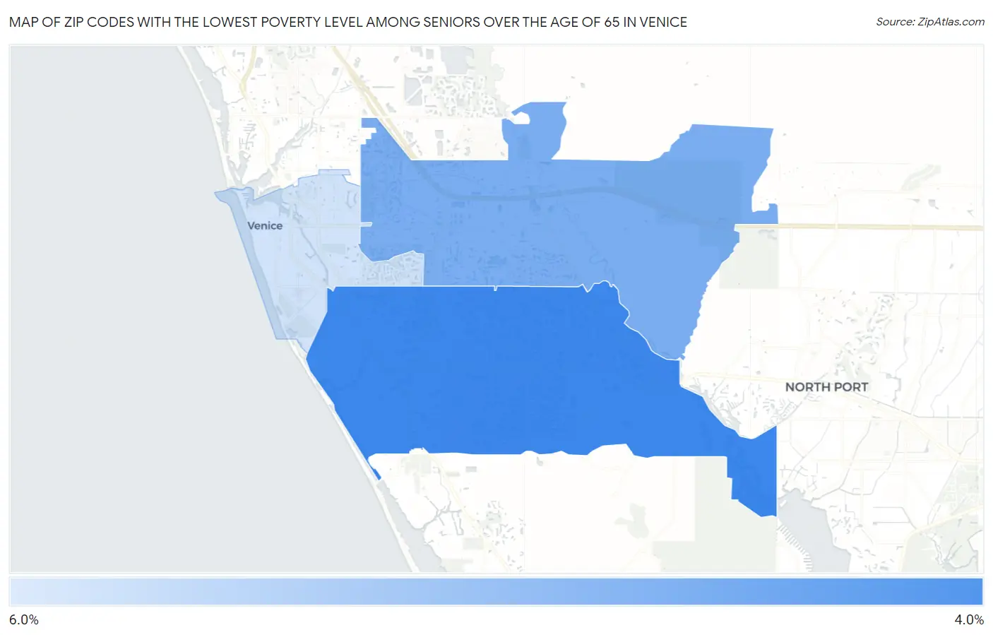Zip Codes with the Lowest Poverty Level Among Seniors Over the Age of 65 in Venice Map
