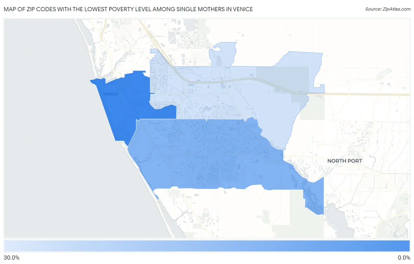 Zip Codes with the Lowest Poverty Level Among Single Mothers in Venice Map