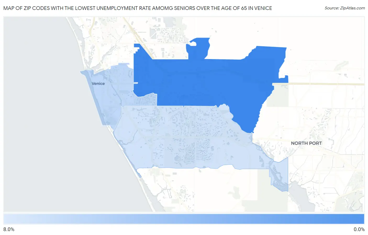 Zip Codes with the Lowest Unemployment Rate Amomg Seniors Over the Age of 65 in Venice Map