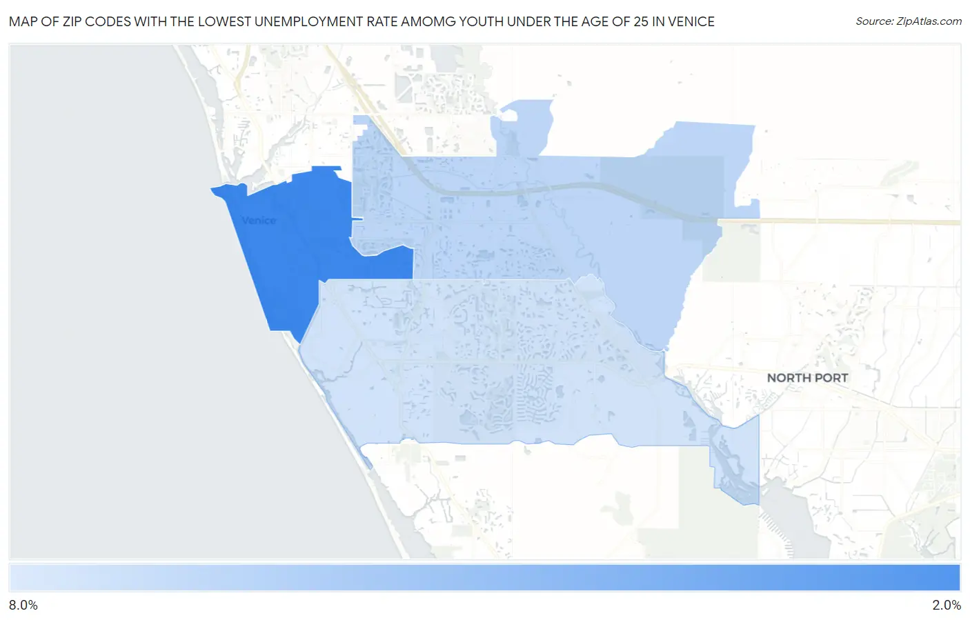 Zip Codes with the Lowest Unemployment Rate Amomg Youth Under the Age of 25 in Venice Map