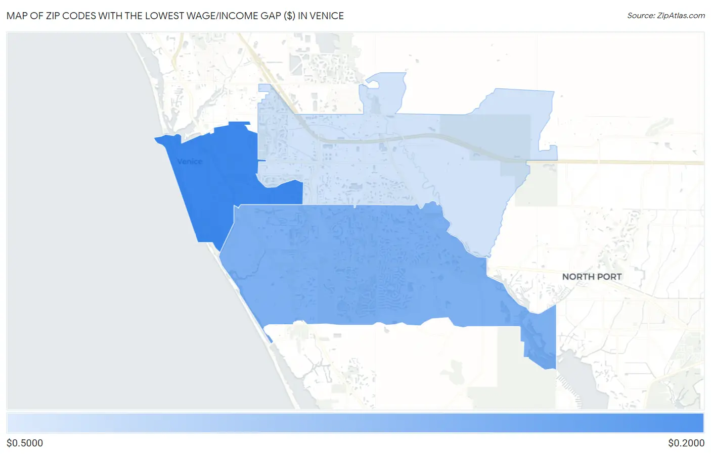 Zip Codes with the Lowest Wage/Income Gap ($) in Venice Map