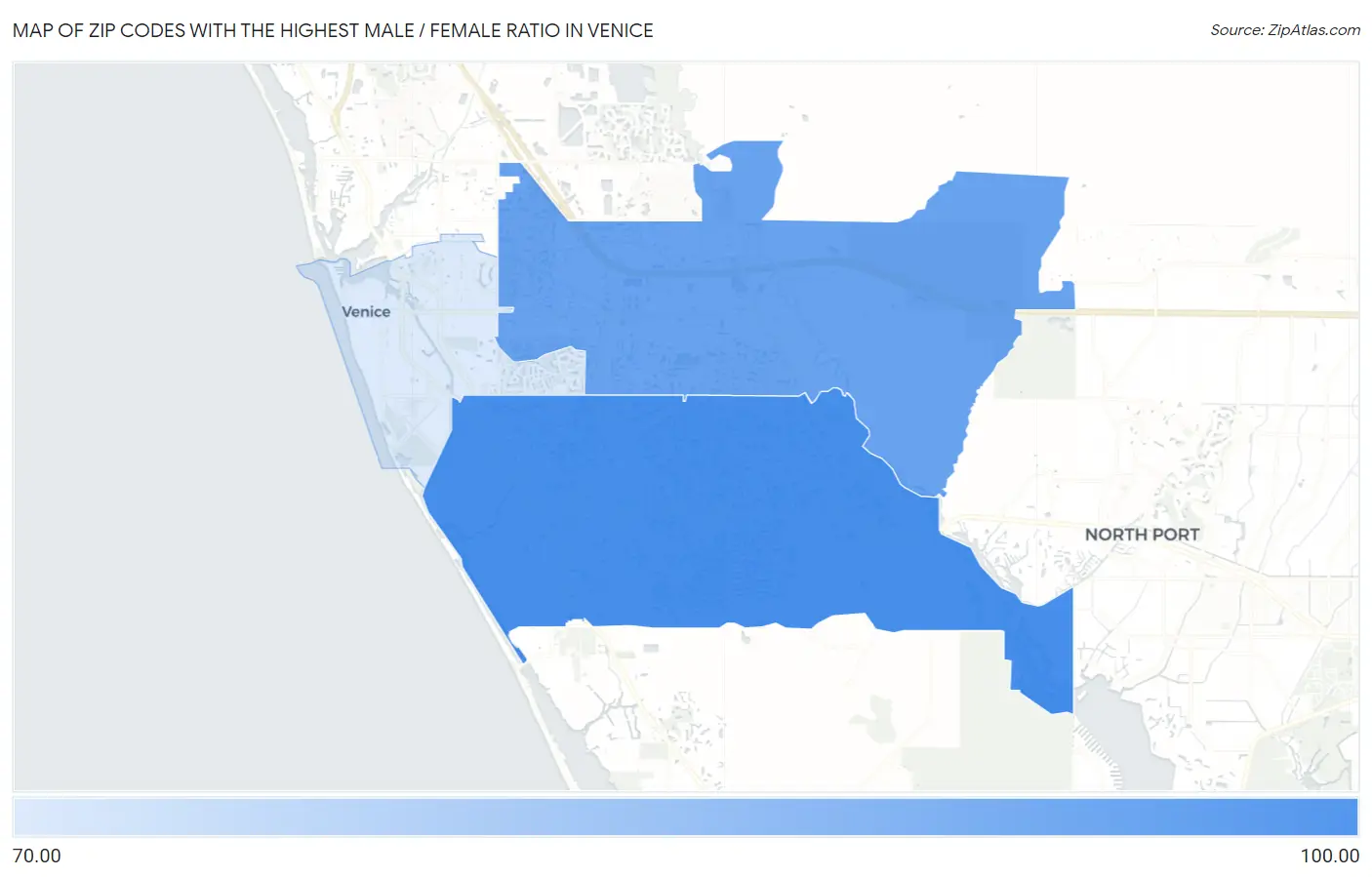 Zip Codes with the Highest Male / Female Ratio in Venice Map