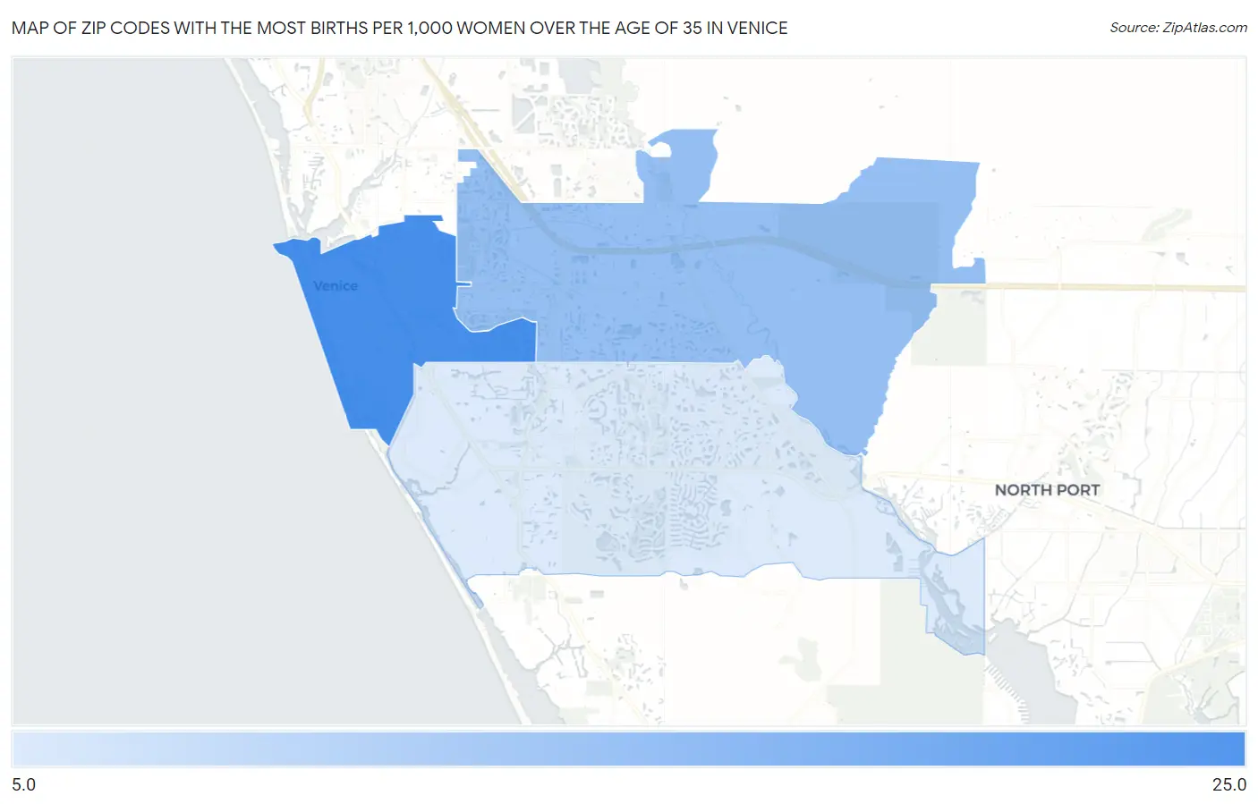 Zip Codes with the Most Births per 1,000 Women Over the Age of 35 in Venice Map