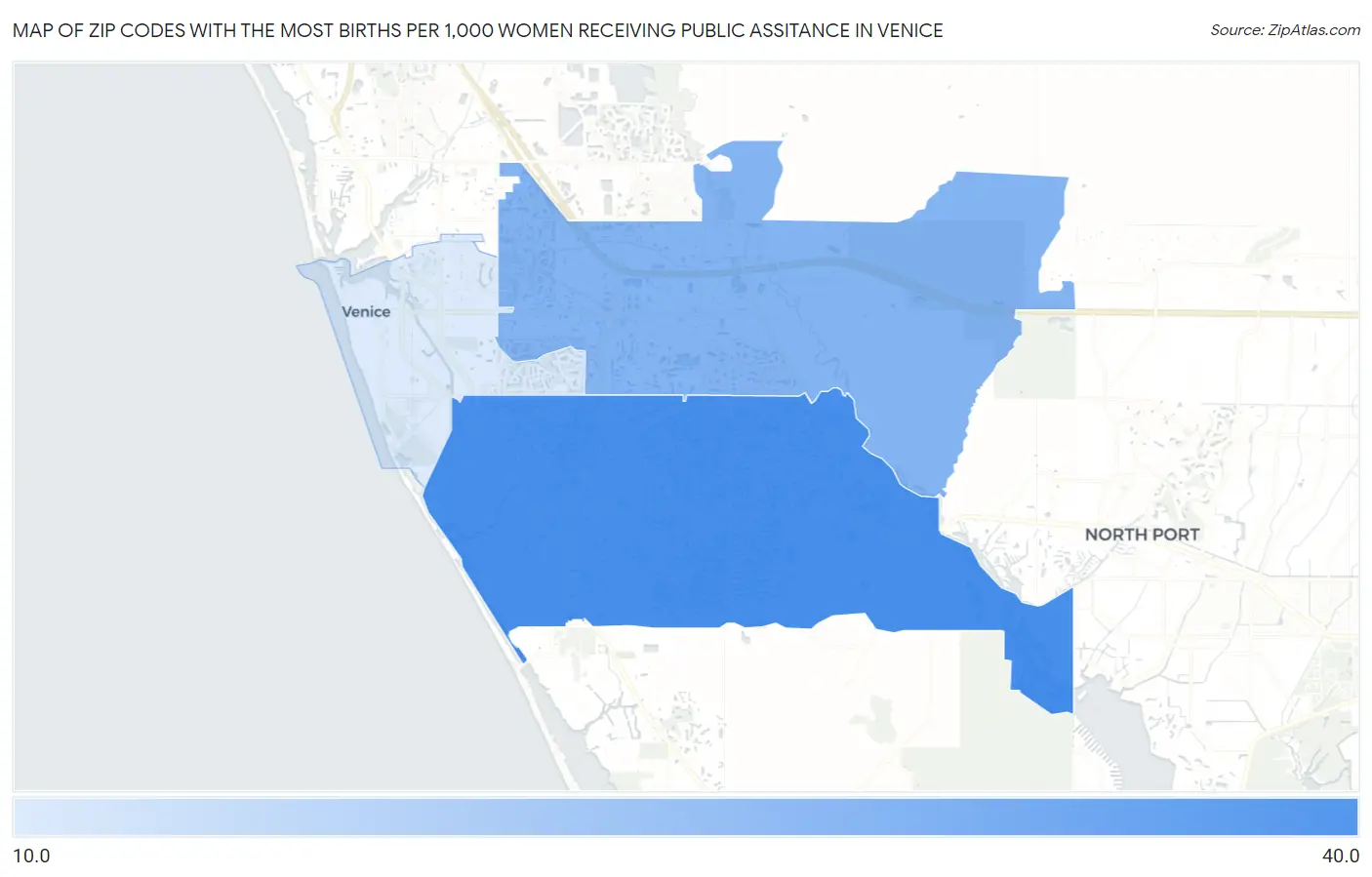 Zip Codes with the Most Births per 1,000 Women Receiving Public Assitance in Venice Map
