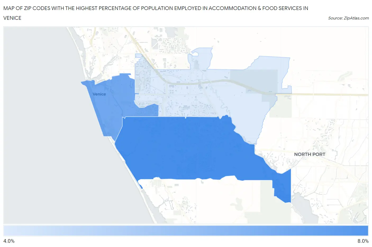 Zip Codes with the Highest Percentage of Population Employed in Accommodation & Food Services in Venice Map