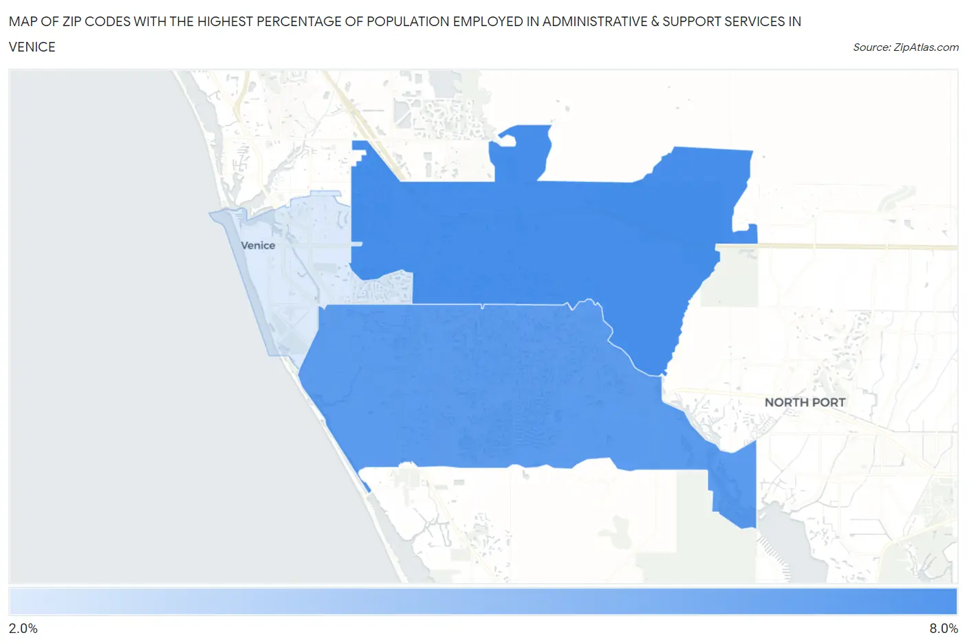 Zip Codes with the Highest Percentage of Population Employed in Administrative & Support Services in Venice Map