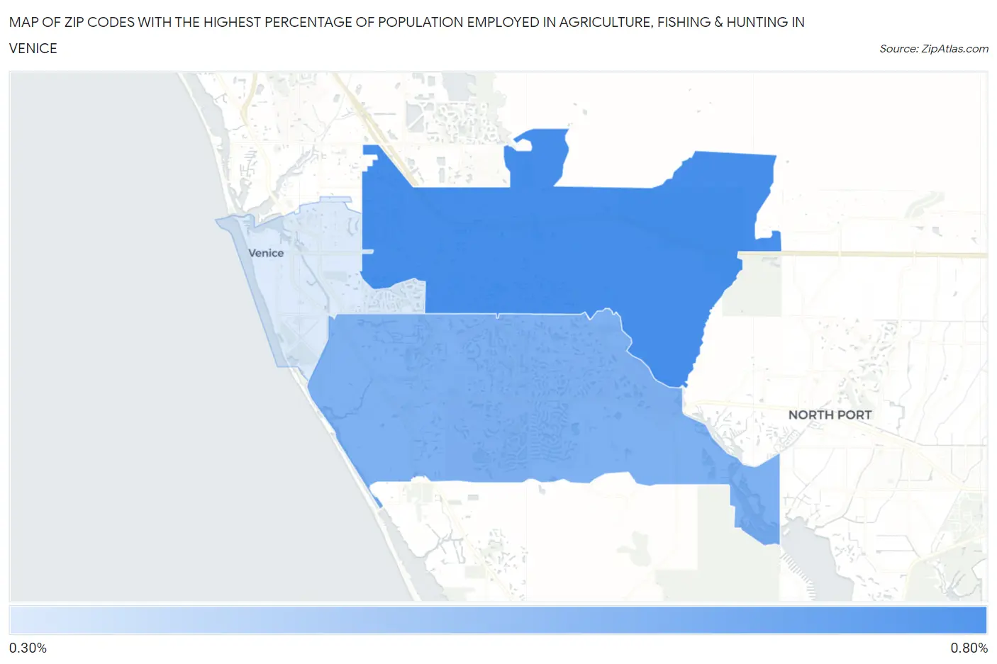 Zip Codes with the Highest Percentage of Population Employed in Agriculture, Fishing & Hunting in Venice Map