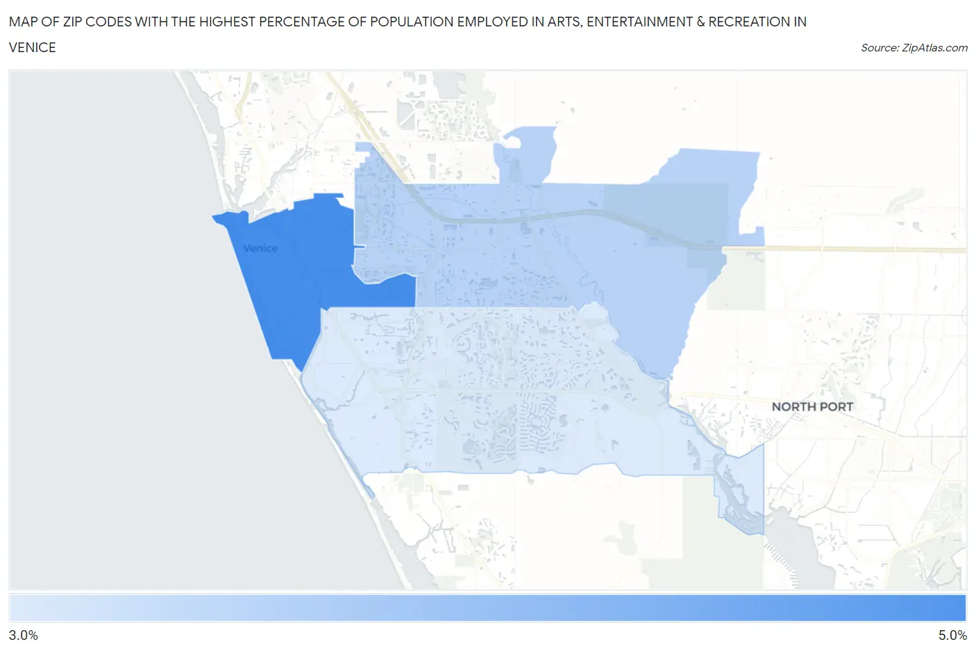Zip Codes with the Highest Percentage of Population Employed in Arts, Entertainment & Recreation in Venice Map