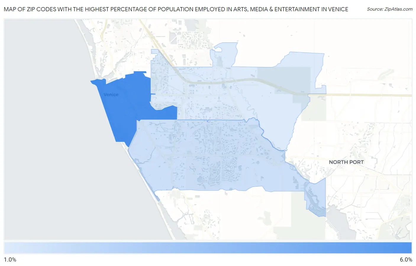 Zip Codes with the Highest Percentage of Population Employed in Arts, Media & Entertainment in Venice Map