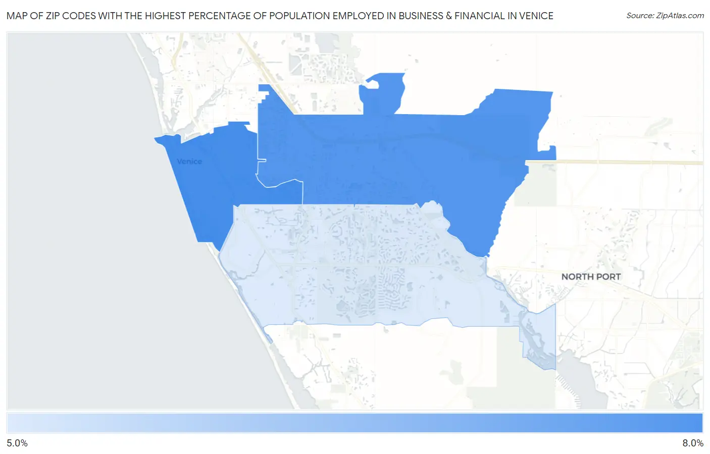 Zip Codes with the Highest Percentage of Population Employed in Business & Financial in Venice Map