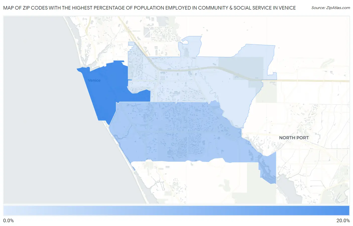 Zip Codes with the Highest Percentage of Population Employed in Community & Social Service  in Venice Map