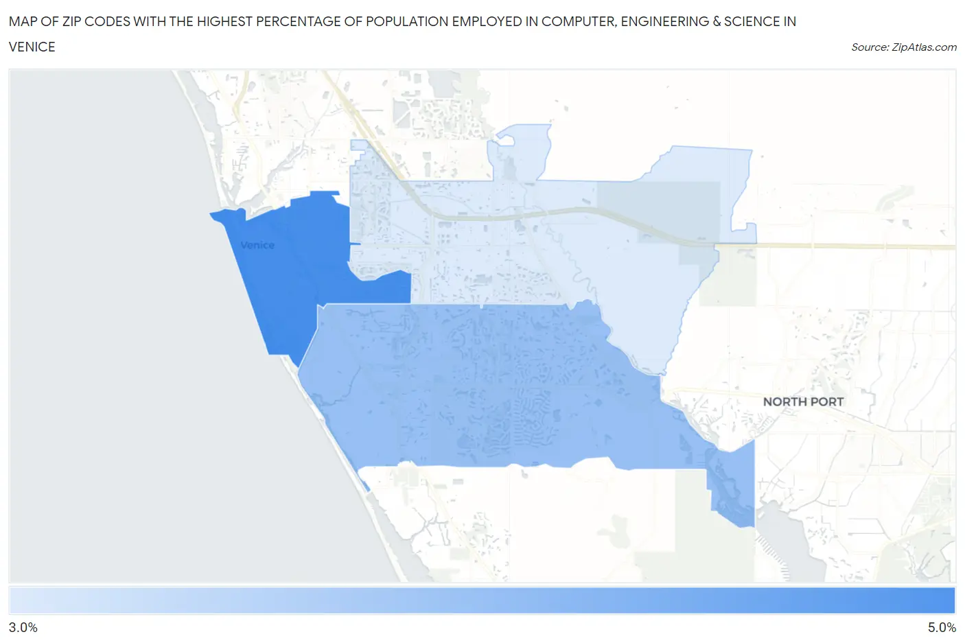 Zip Codes with the Highest Percentage of Population Employed in Computer, Engineering & Science in Venice Map