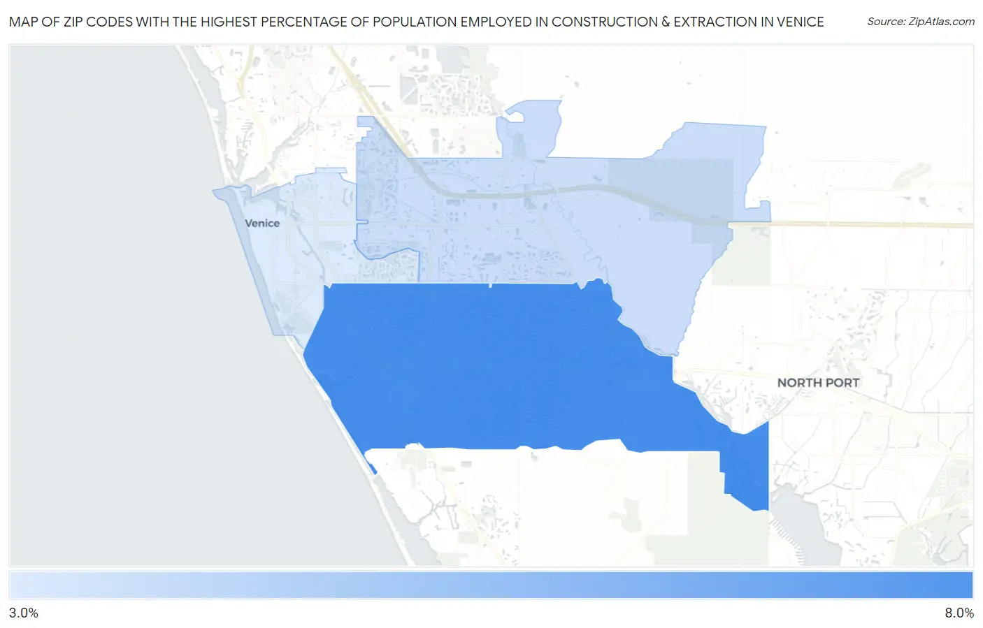 Zip Codes with the Highest Percentage of Population Employed in Construction & Extraction in Venice Map