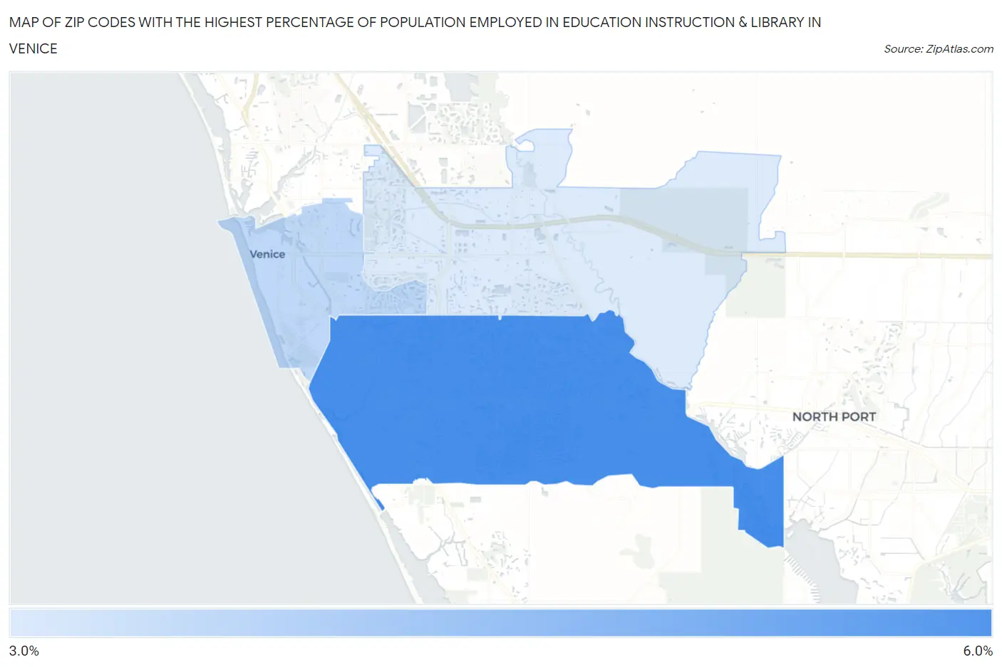 Zip Codes with the Highest Percentage of Population Employed in Education Instruction & Library in Venice Map