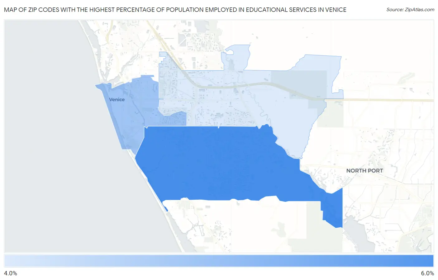 Zip Codes with the Highest Percentage of Population Employed in Educational Services in Venice Map