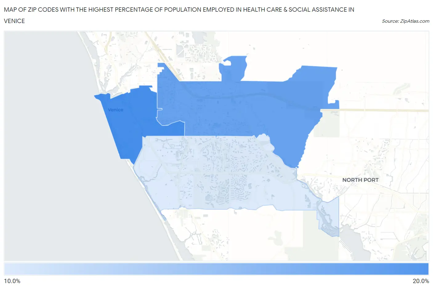 Zip Codes with the Highest Percentage of Population Employed in Health Care & Social Assistance in Venice Map