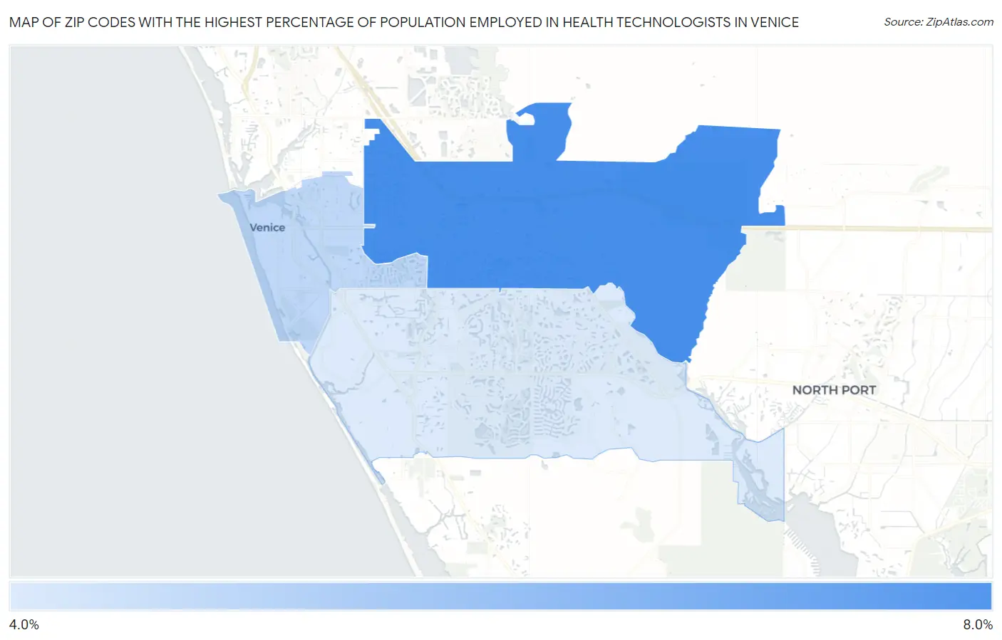 Zip Codes with the Highest Percentage of Population Employed in Health Technologists in Venice Map