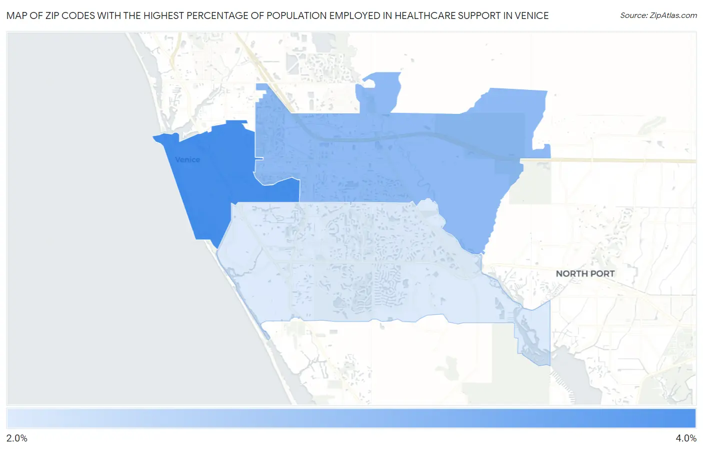 Zip Codes with the Highest Percentage of Population Employed in Healthcare Support in Venice Map