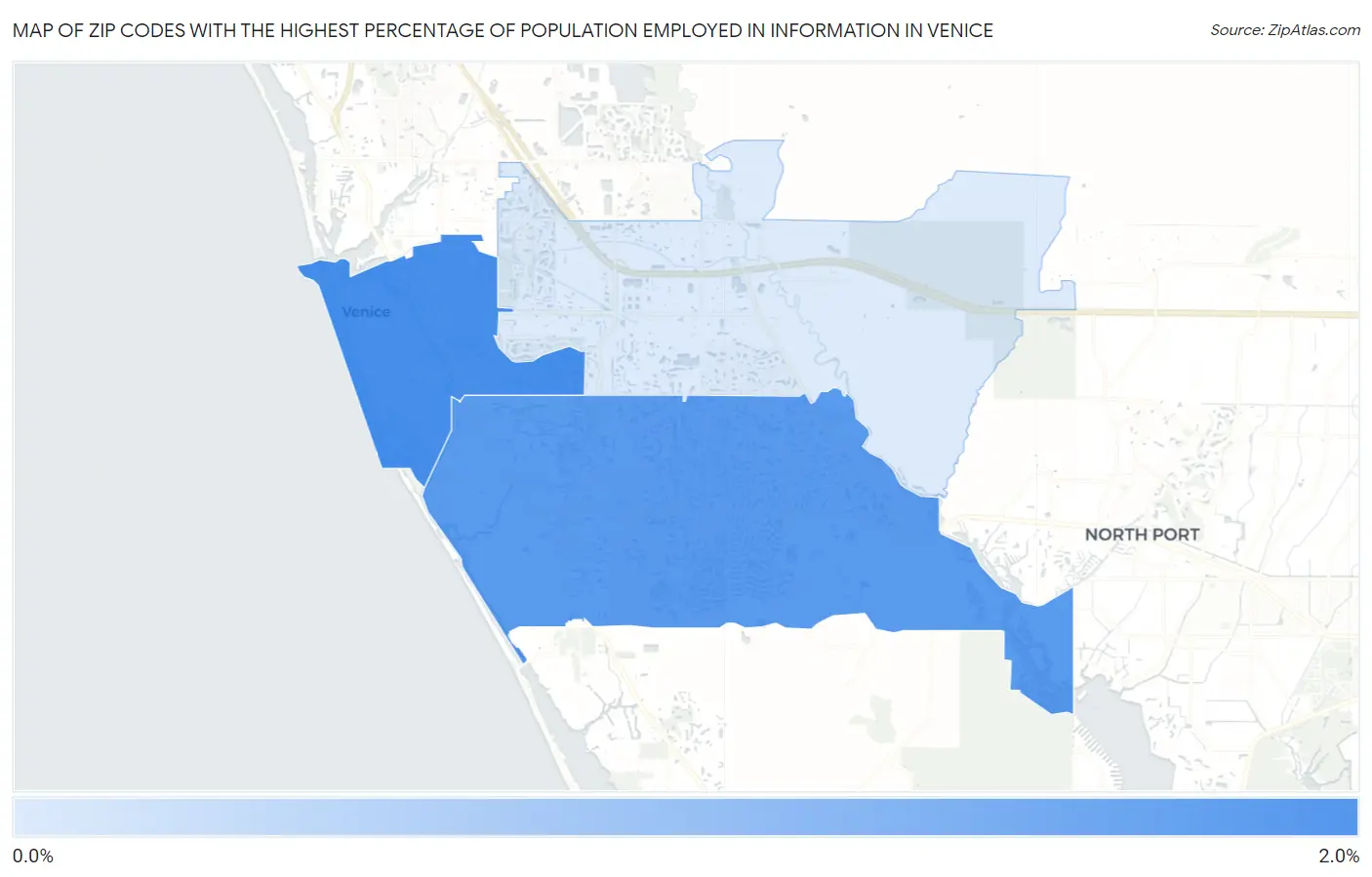 Zip Codes with the Highest Percentage of Population Employed in Information in Venice Map