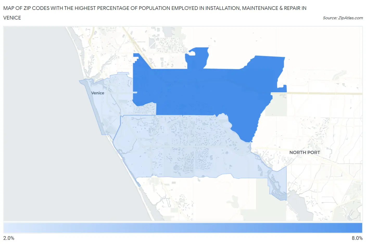 Zip Codes with the Highest Percentage of Population Employed in Installation, Maintenance & Repair in Venice Map