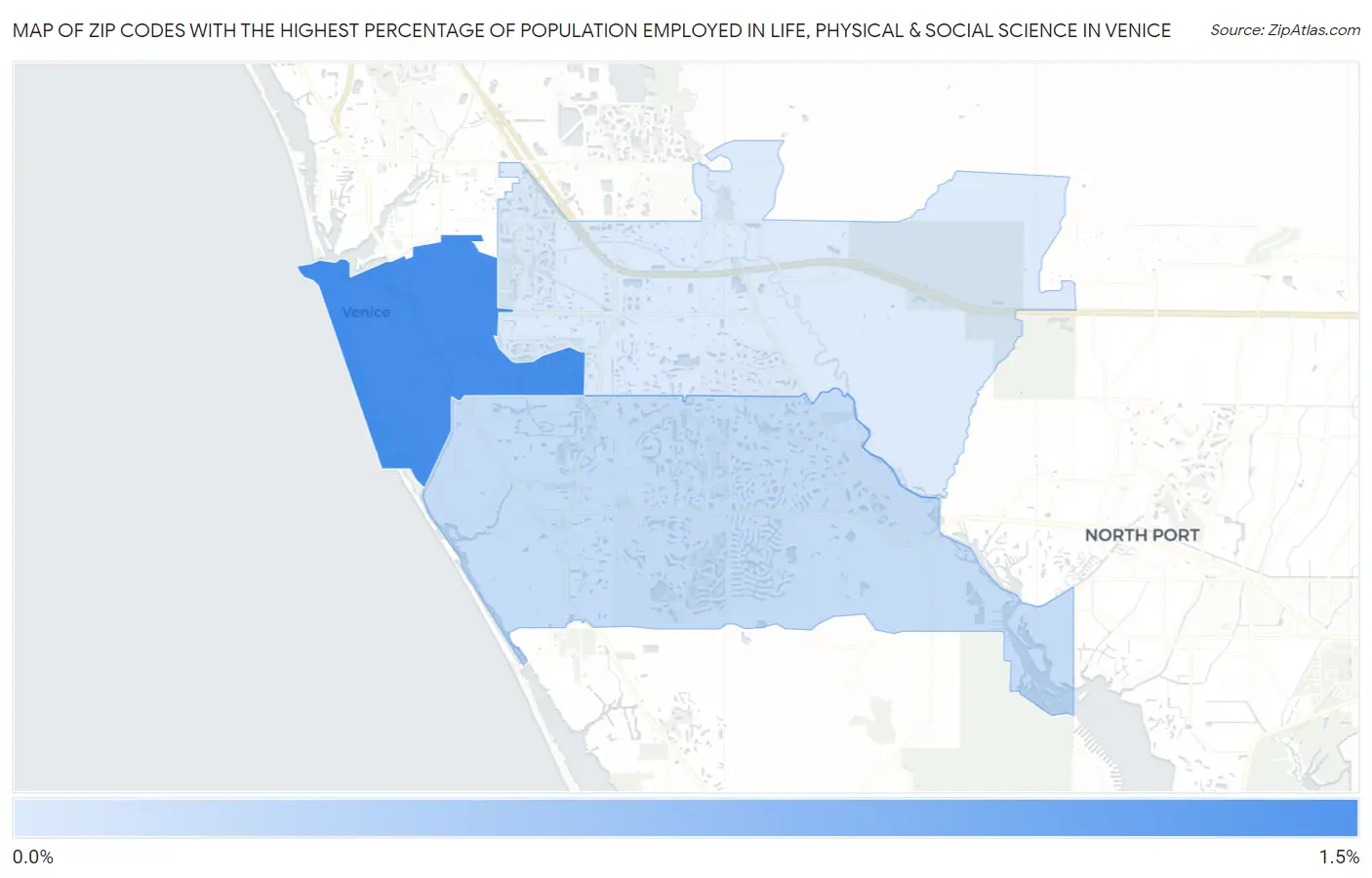 Zip Codes with the Highest Percentage of Population Employed in Life, Physical & Social Science in Venice Map