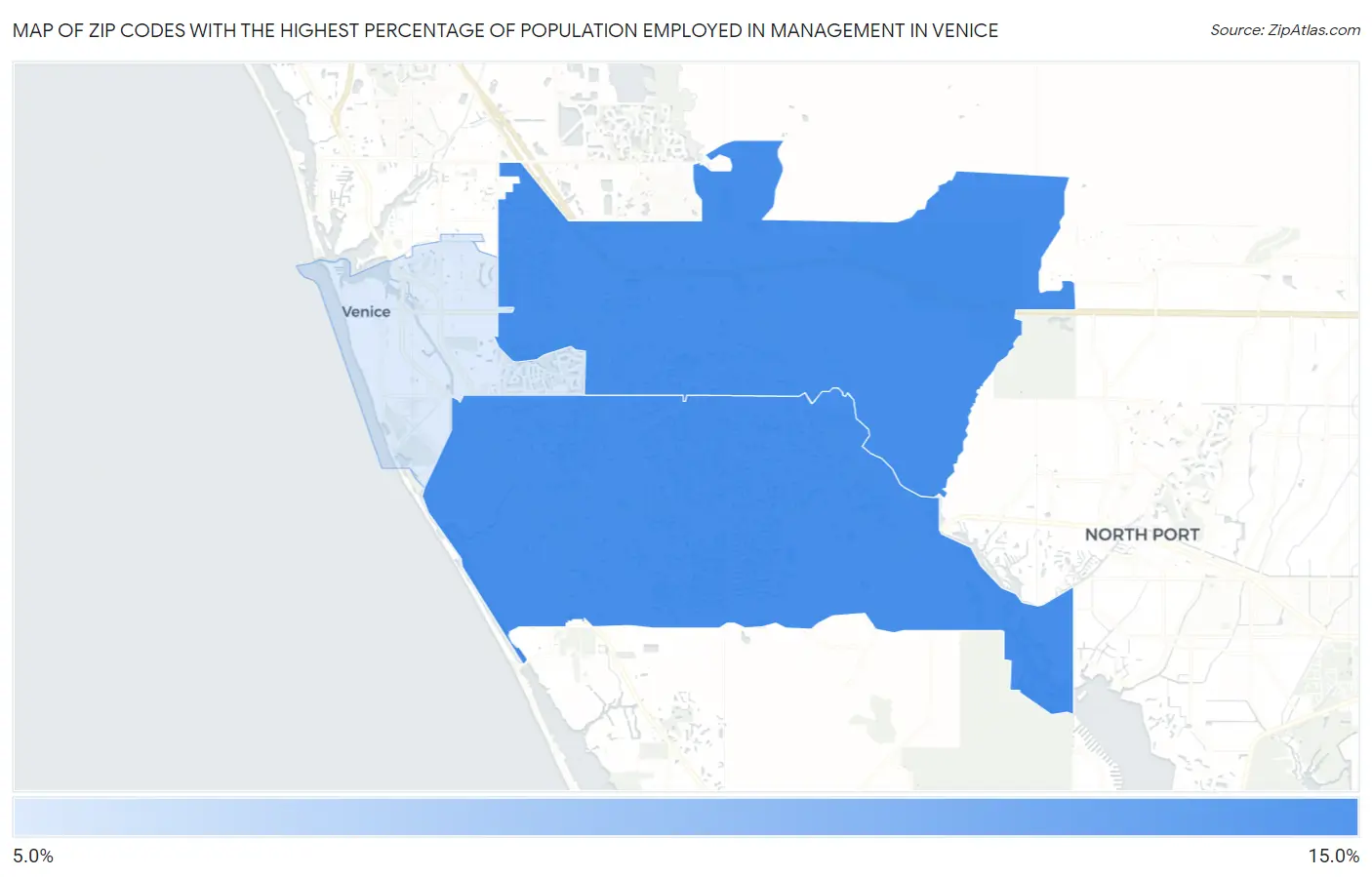 Zip Codes with the Highest Percentage of Population Employed in Management in Venice Map
