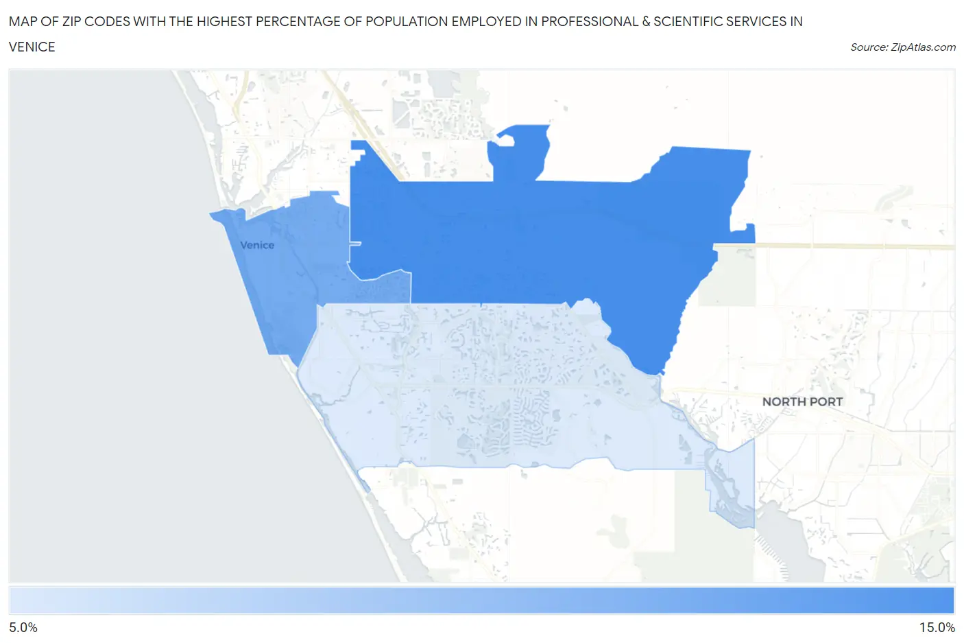 Zip Codes with the Highest Percentage of Population Employed in Professional & Scientific Services in Venice Map