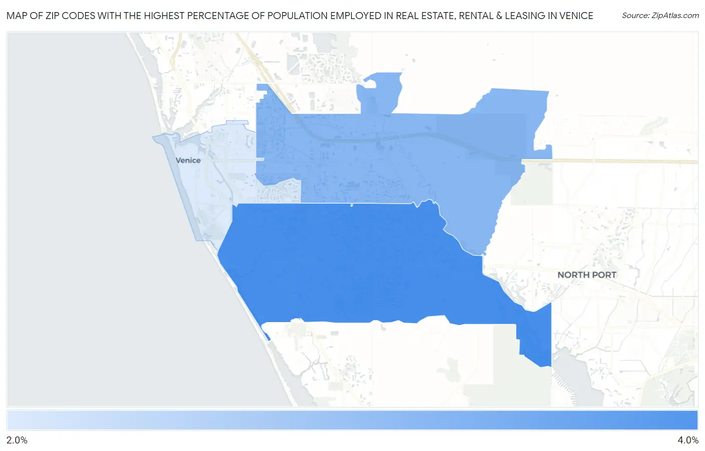 Zip Codes with the Highest Percentage of Population Employed in Real Estate, Rental & Leasing in Venice Map