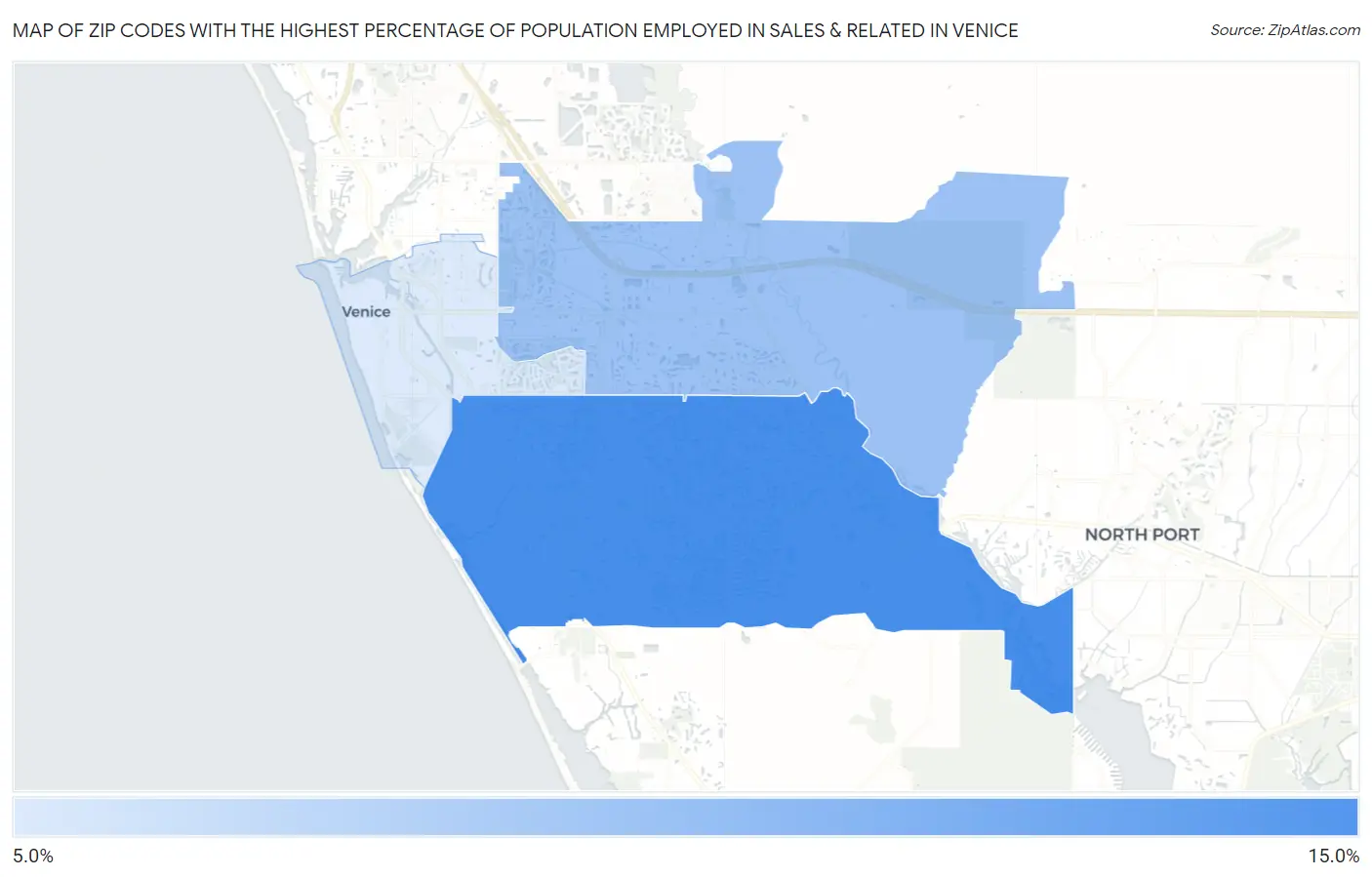 Zip Codes with the Highest Percentage of Population Employed in Sales & Related in Venice Map