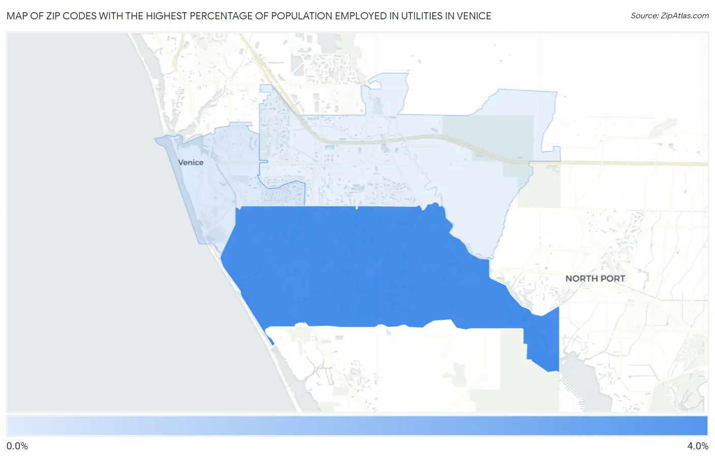 Zip Codes with the Highest Percentage of Population Employed in Utilities in Venice Map