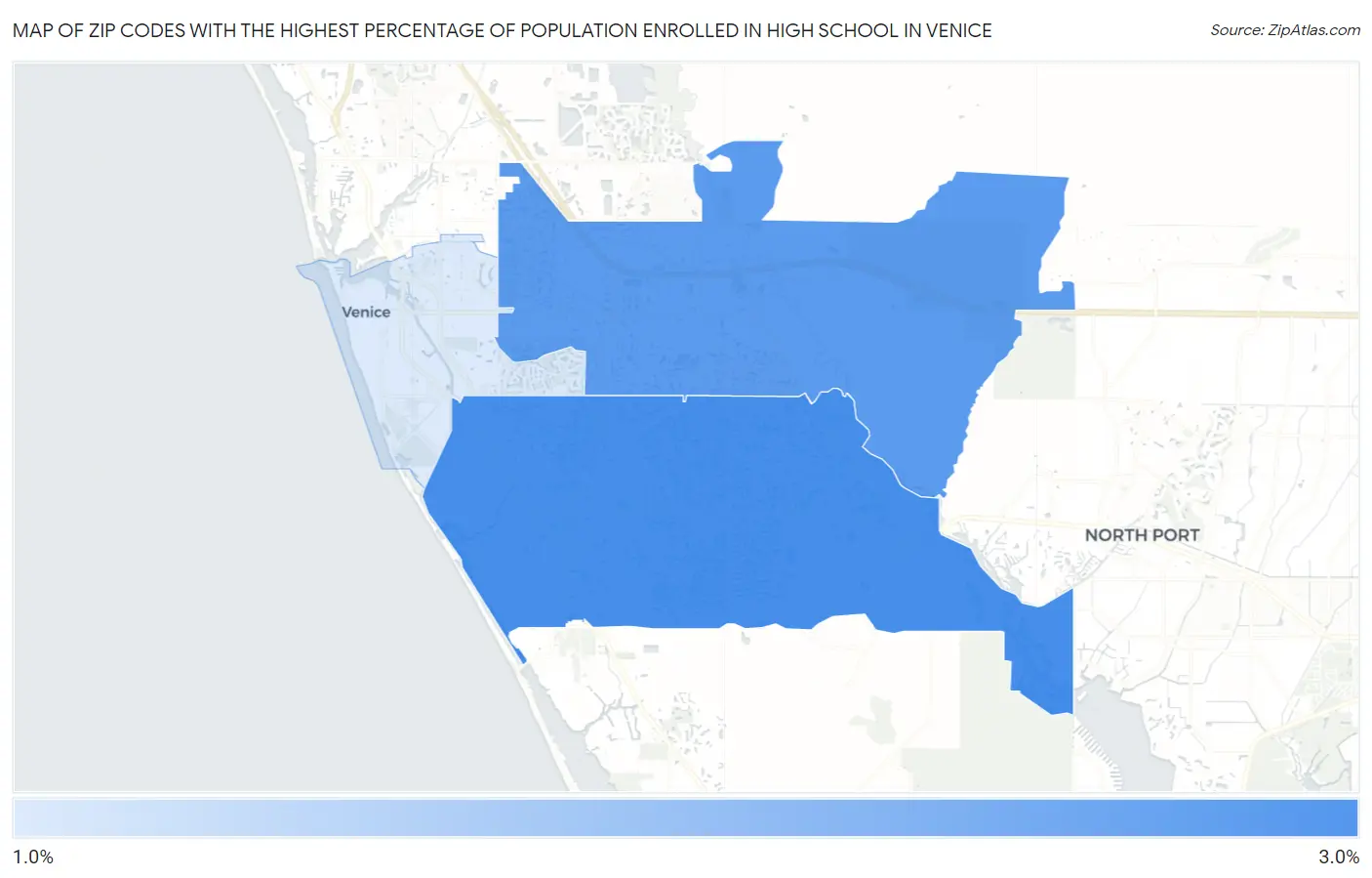 Zip Codes with the Highest Percentage of Population Enrolled in High School in Venice Map