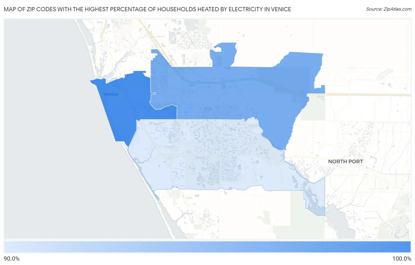 Zip Codes with the Highest Percentage of Households Heated by Electricity in Venice Map